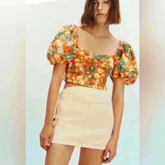 Zara Multicolored Orange Floral Print Puff Sleeves Flounce Top Size  S - Picture 2 of 7